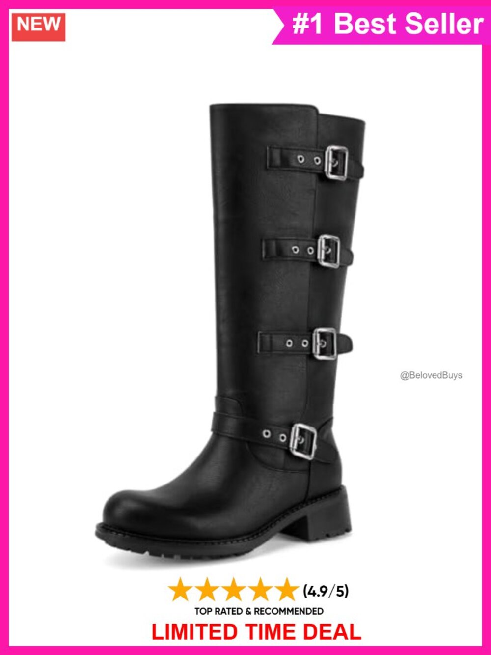 Faux Leather Knee High Moto Boots Four Buckle Wide Calf Riding Boots